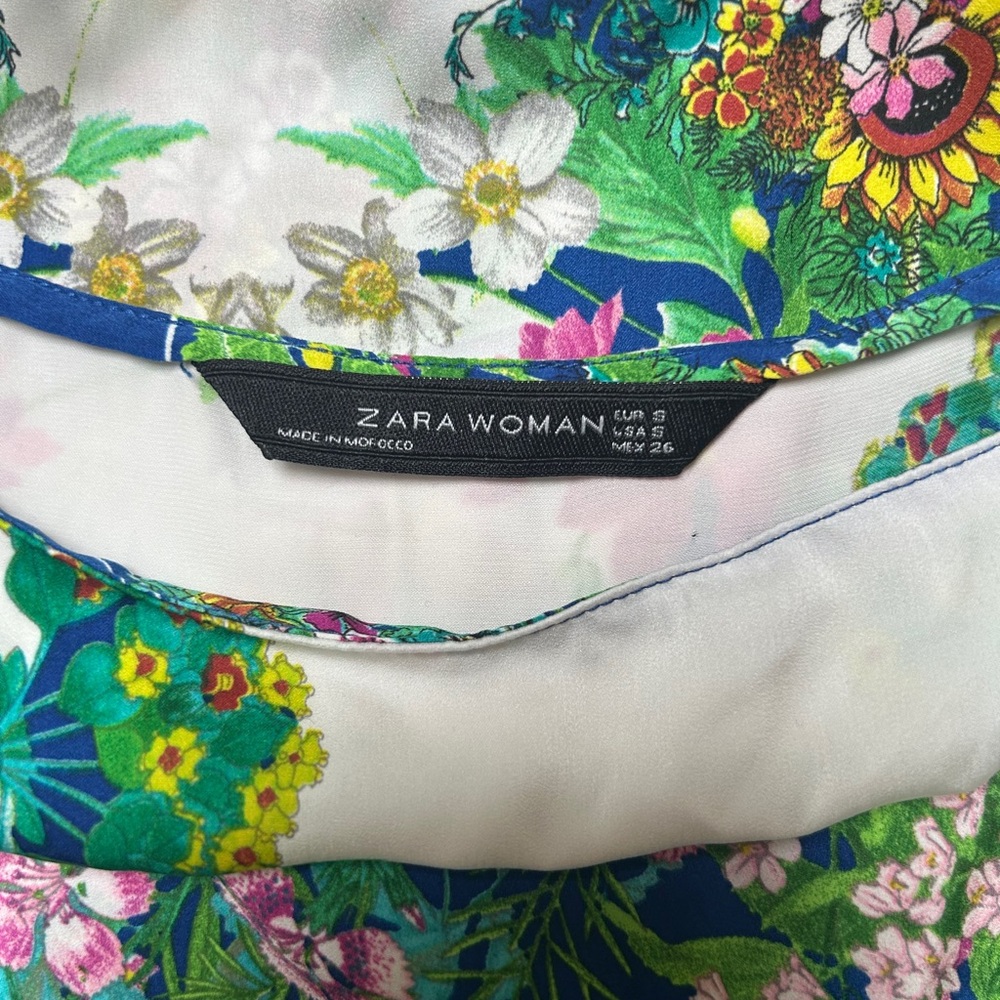Zara Women Blue Floral-Print Silk-Style Cap-Sleeve Mini Tunic Dress - Small - Picture 5 of 8